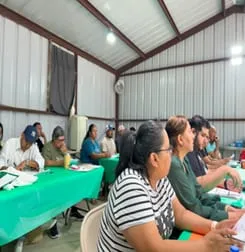 Participants at tables completing a training activity
